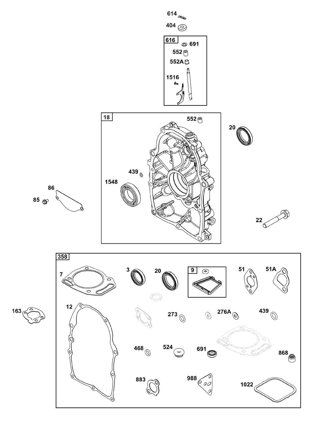 Crankcase Cover/Sump Group Diagram and Parts List for 356447-3542-G1 200000 - 399999 Briggs and Stratton Engine